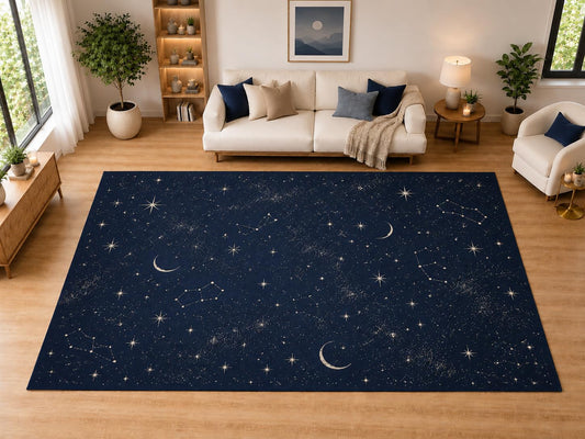 ICE ARMOR "Ultra Light Weight Large 6'7" x 9'10" Celestial Stars Moon Constellation Area Rug for Living Room, Bedroom, Dining Room, Soft Low Pile Non-Slip Backing, Navy Blue