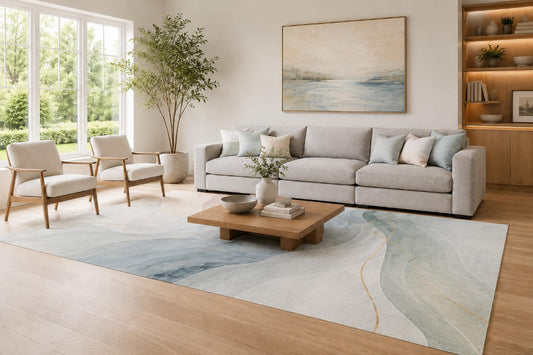 ICE ARMOR Large 6'7" x 9'10" Blue and Cream Minimalist Watercolor Curves Area Rug for Living Room, Soft Low Pile Carpet with Non-Slip Silicone Backing, Decor for Bedroom and Home Office