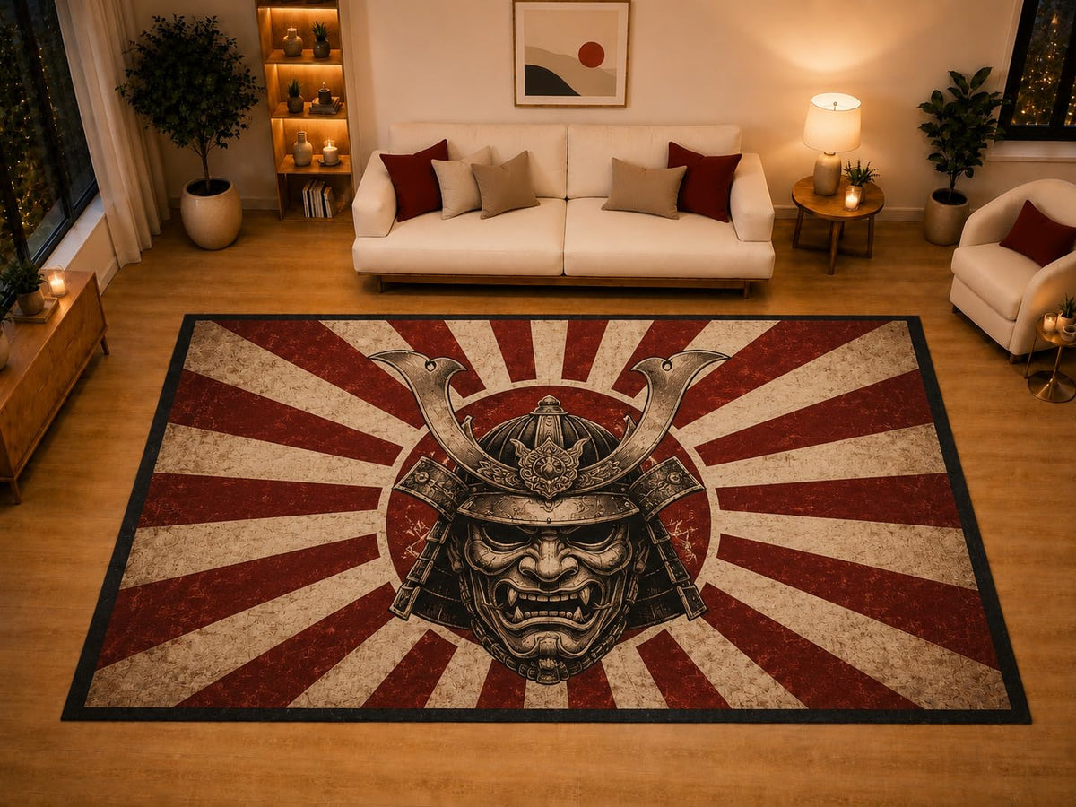 ICE ARMOR "Ultra Light Weight Large 6'7" x 9'10" Demon Mask Helmet Area Rug for Living Room Bedroom Dining Area, Soft Low Pile Non-Slip Backing, Red Beige Black Japanese Inspired Decor