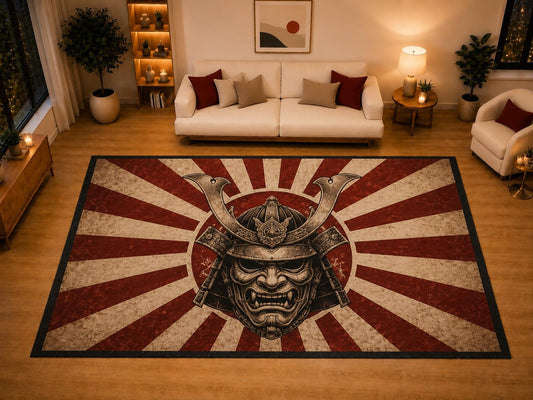 ICE ARMOR "Ultra Light Weight Large 6'7" x 9'10" Demon Mask Helmet Area Rug for Living Room Bedroom Dining Area, Soft Low Pile Non-Slip Backing, Red Beige Black Japanese Inspired Decor
