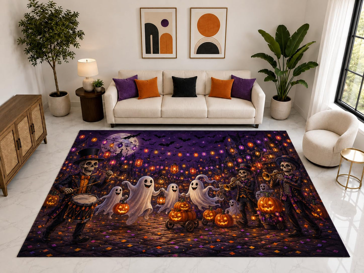 ICE ARMOR "Ultra Light Weight Large 6'7" x 9'10" Ghost Parade Skeleton Rug, Soft Low Pile Indoor Rug, Non-Slip Silicone Backing for Kids Room Purple
