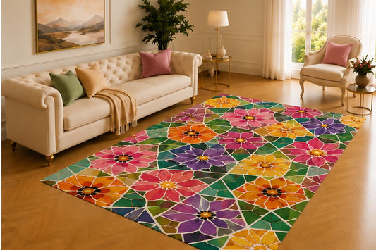 ICE ARMOR 5' x 7' Stained Glass Floral Rug, Colorful Pink, Orange, Purple and Green Mosaic Blooms, Artistic Decor for Living Room, Bedroom, Studio or Sunroom