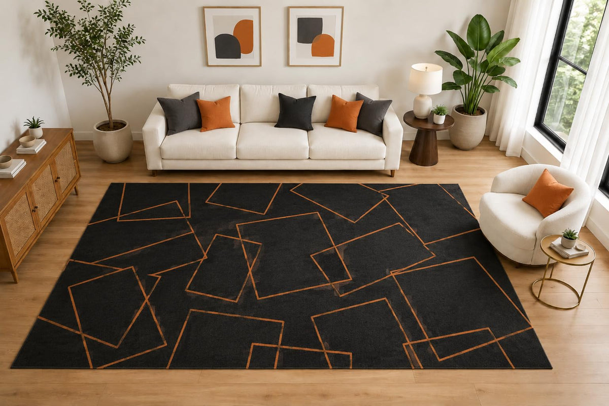 ICE ARMOR Large 6'7" x 9'10" Overlapping Square Outline Area Rug for for Bedroom, Living Room, Soft Low Pile Indoor Rug with Non-Slip Silicone Backing, Charcoal Burnt Orange