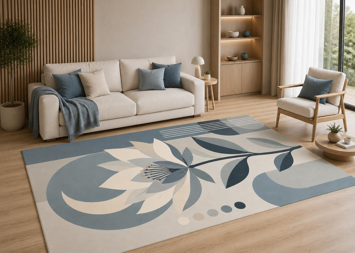 ICE ARMOR 5' x 7' Blue Gray Modern Floral Area Rug with Non-Slip Silicone Backing Low Pile Soft Carpet for Living Room Bedroom Large Botanical Flower Decor