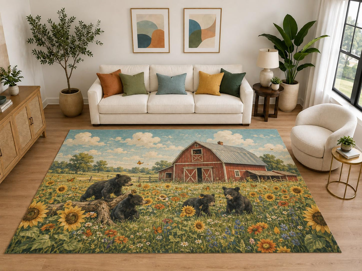 ICE ARMOR "Ultra Light Weight Large 6'7" x 9'10" Bear Cubs Red Barn Area Rug, Soft Low Pile Indoor Rug, Non-Slip Silicone Backing, Kids Room, Beige