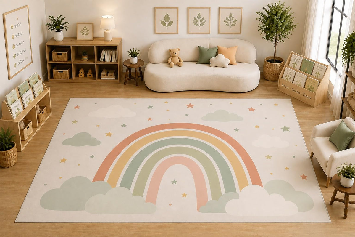 ICE ARMOR Large 6'7" x 9'10" Pastel Rainbow Clouds Area Rug for for Kids Room, Classroom, Bedroom, Playroom Decor, Soft Low Pile Indoor Rug with Non-Slip Silicone Backing, Beige Pastel