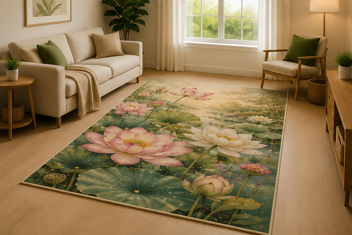 ICE ARMOR 5' x 7' Lotus Pond Blossom Area Rug for Living Room, Soft Low Pile Indoor Rug with Non-Slip Silicone Backing, Bedroom, Dining Room, Family Room, Green Pink