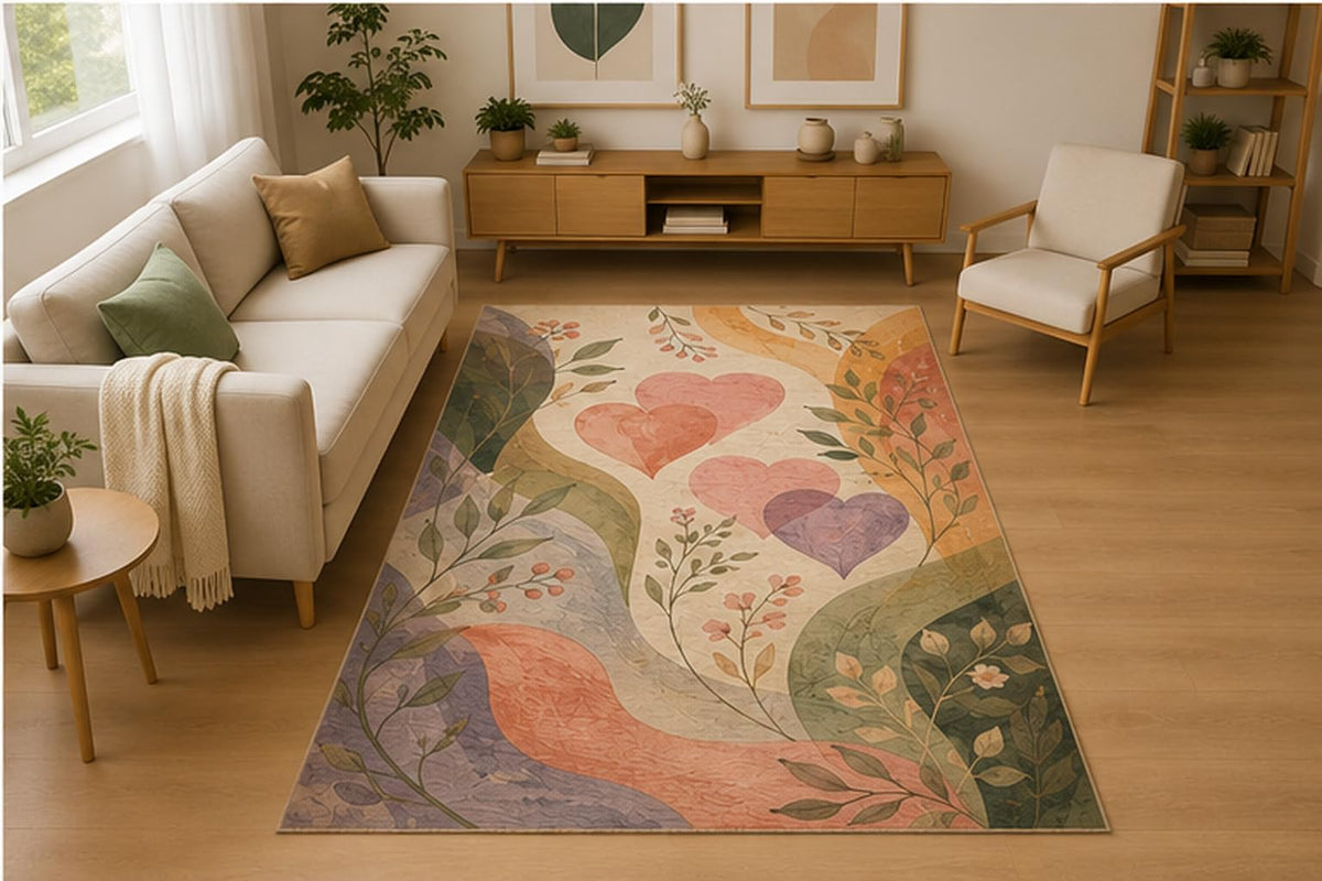 ICE ARMOR 5' x 7' Modern Abstract Botanical Hearts Area Rug for Living Room, Soft Low Pile Indoor Rug with Non-Slip Silicone Backing, Decorative Carpet for Bedroom, Office, Family Room, Cream
