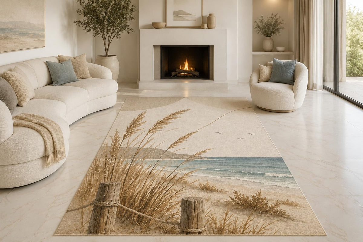ICE ARMOR "Ultra Lightweight Large 6'7" x 9'10" Seaside Dune Grass Area Rug for Living Room, Bedroom and Home Office, Soft Low Pile Carpet with Non-Slip Silicone Backing, Blue and Tan