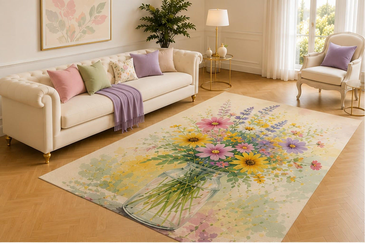 ICE ARMOR 5' x 7' Mason Jar Wildflower Rug, Pink, Yellow and Purple Blossoms with Soft Watercolor Splashes, Cheerful Accent for Bedroom, Nursery, Studio or Sunroom