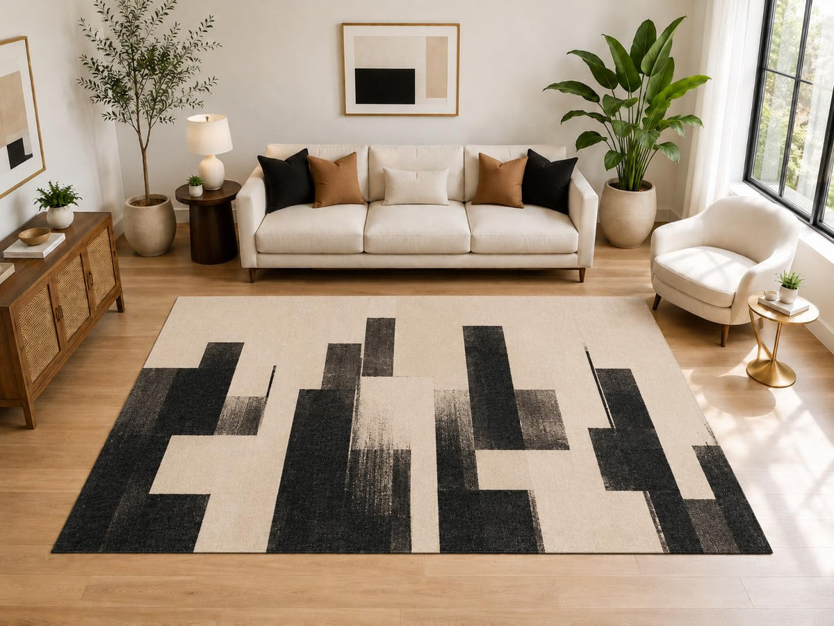 ICE ARMOR Large 6'7" x 9'10" Abstract Urban Block Area Rug for for Bedroom, Living Room, Soft Low Pile Indoor Rug with Non-Slip Silicone Backing, Ivory Black Gray
