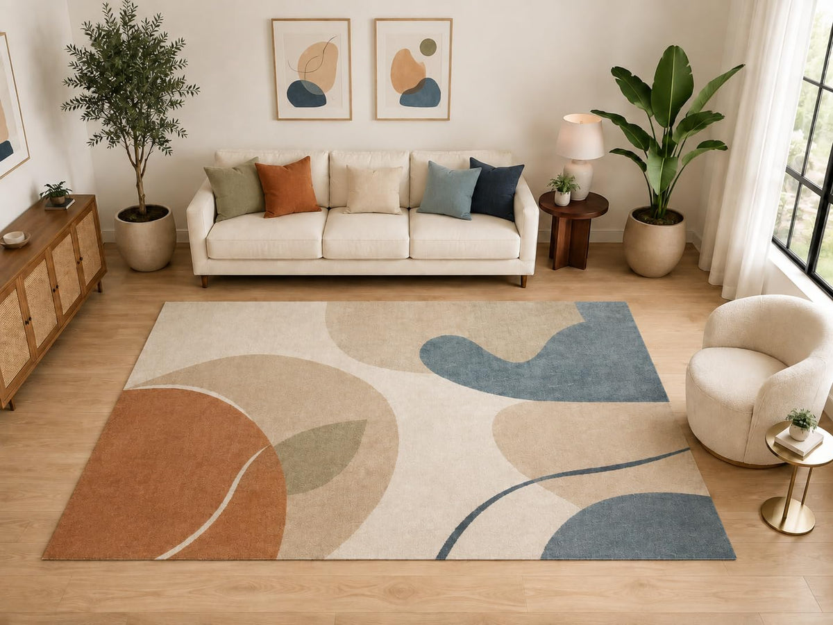 ICE ARMOR "Ultra Light Weight Large 6'7" x 9'10" Abstract Shape Area Rug, Soft Low Pile Indoor Rug and Non-Slip Silicone Backing for Living Room Bedroom, Beige Blue