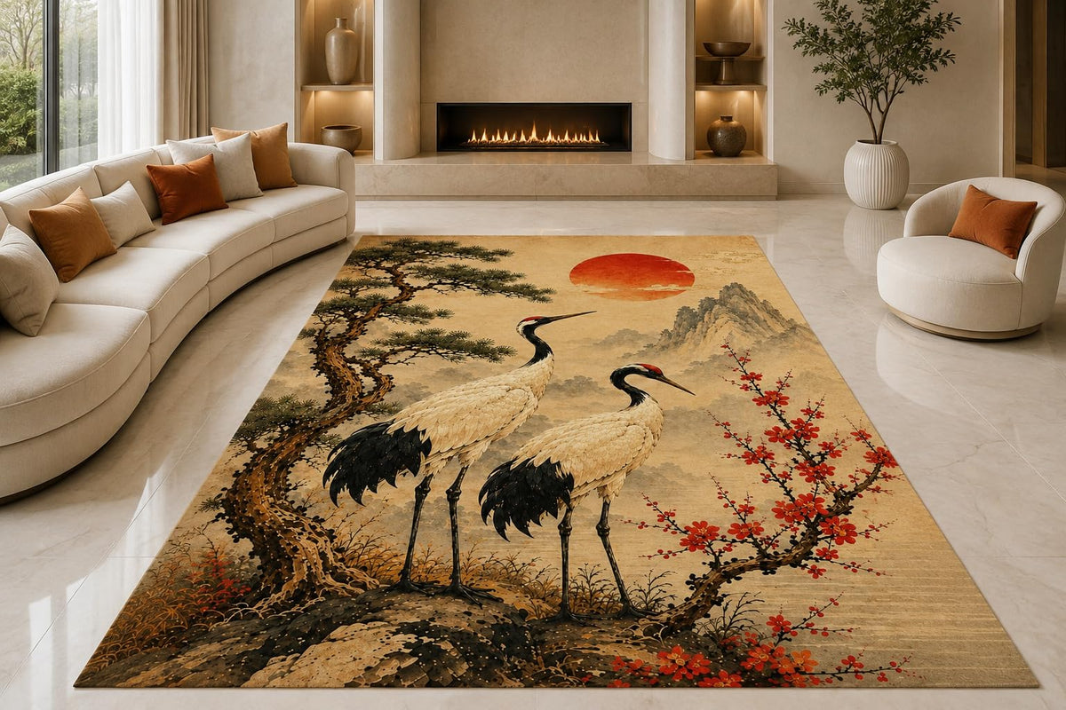 ICE ARMOR "Ultra Lightweight Large 6'7" x 9'10" Pine Crane Sanctuary Area Rug for Living Room, Bedroom and Home Office, Soft Low Pile Carpet with Non-Slip Silicone Backing, Black and Red