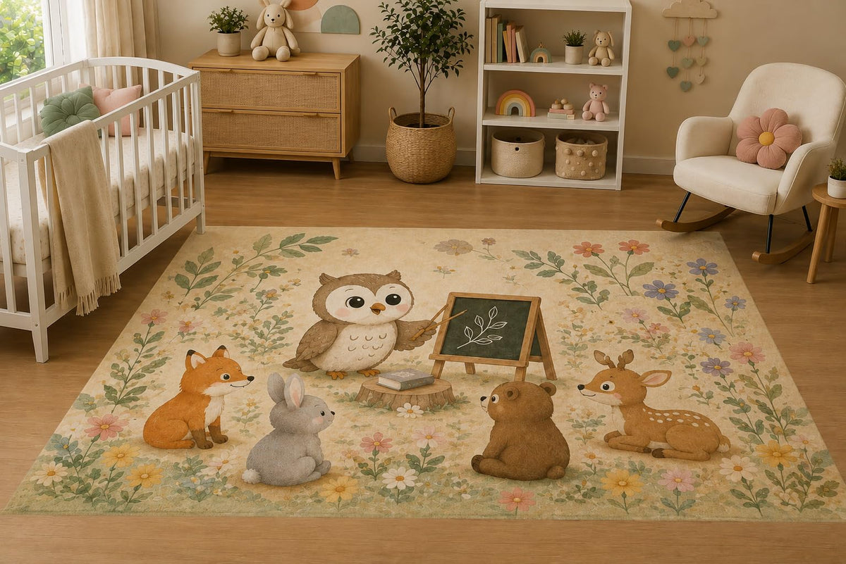 ICE ARMOR 5' x 7' Woodland Animal Classroom Area Rug for Nursery, Soft Low Pile Indoor Rug with Non-Slip Silicone Backing, Kids Room, Playroom, Kids & Pets, Beige Pastel