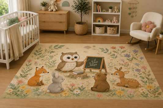 ICE ARMOR 5' x 7' Woodland Animal Classroom Area Rug for Nursery, Soft Low Pile Indoor Rug with Non-Slip Silicone Backing, Kids Room, Playroom, Kids & Pets, Beige Pastel