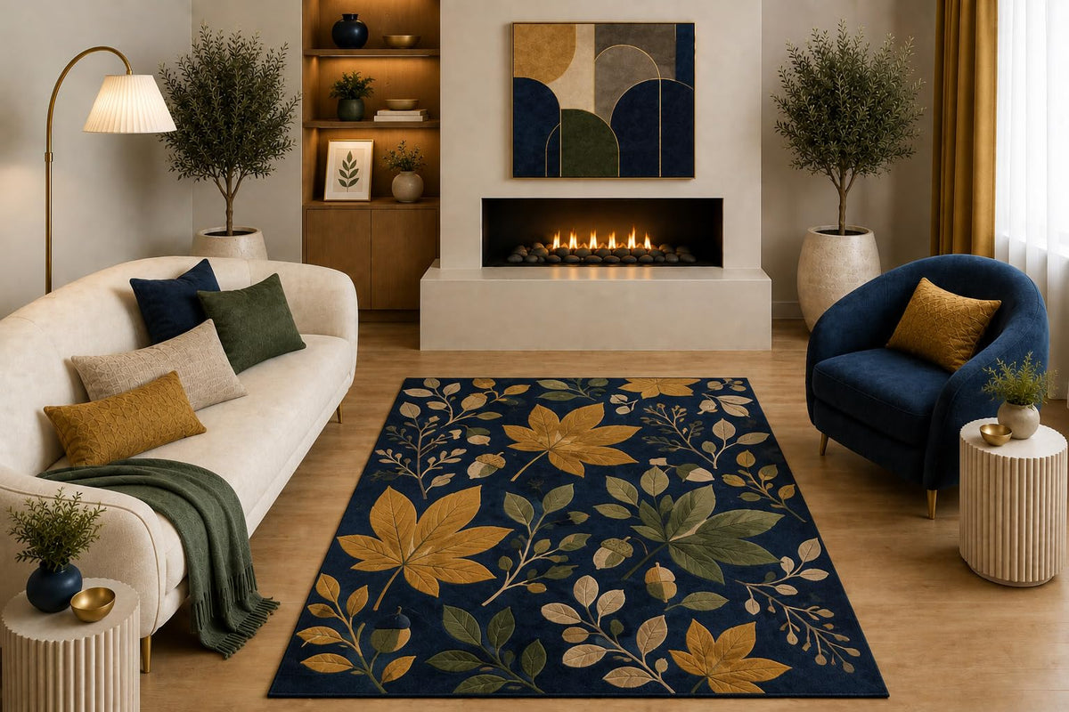 ICE ARMOR "Ultra Light Weight 5' x 7' Autumn Botanical Area Rug Navy Blue Gold Green Leaf and Acorn Nature Design for Living Room Bedroom Dining Room Non-Slip Silicone Backing Low Pile