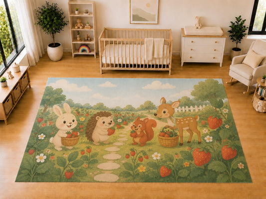 ICE ARMOR "Ultra Light Weight Large 6'7 x 9'10 Strawberry Garden Animals Area Rug for Kids Room Nursery Playroom Soft Low Pile Indoor Carpet Nature Learning Floor Decor