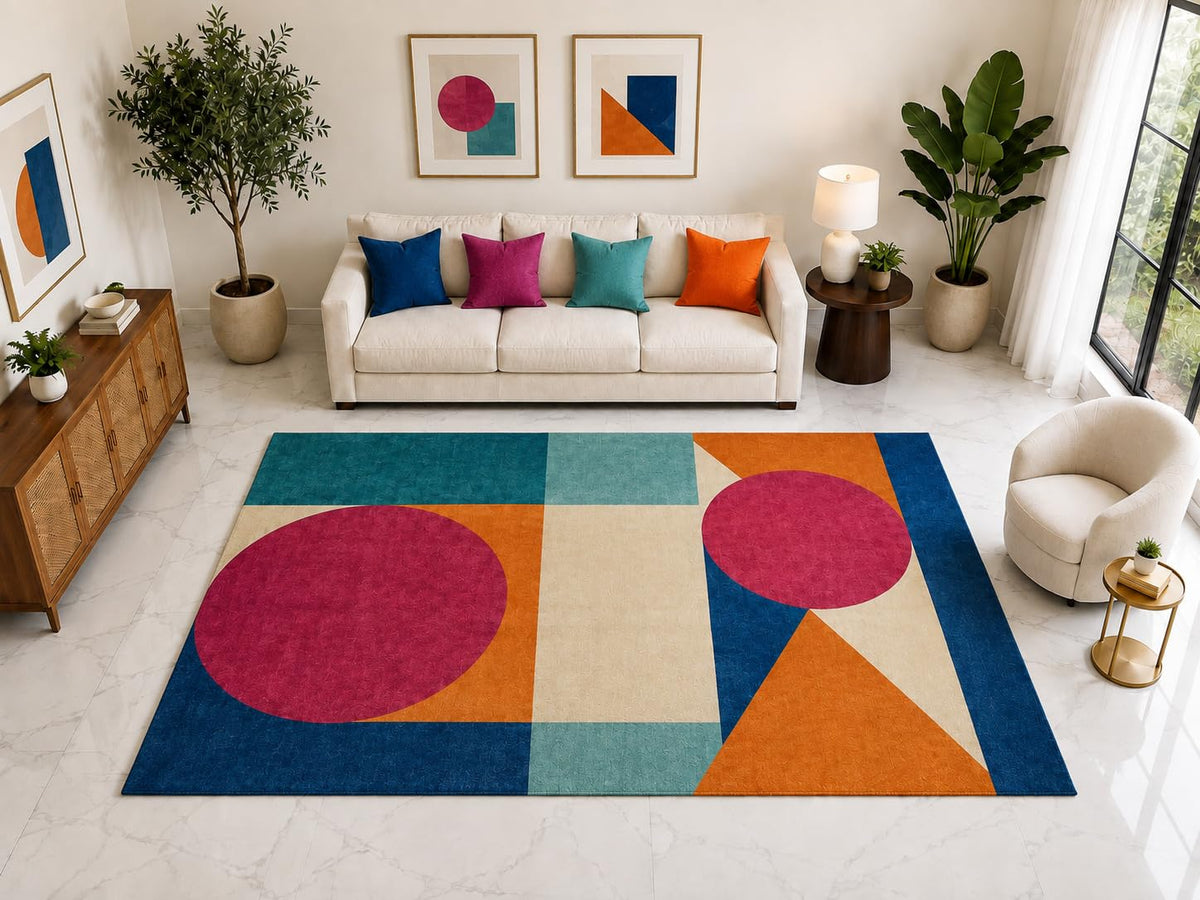 ICE ARMOR "Ultra Light Weight Large 6'7" x 9'10" Geometric Blocks Area Rug Carpet Soft Low Pile Indoor Rug and Non-Slip Silicone Backing for Office Magenta