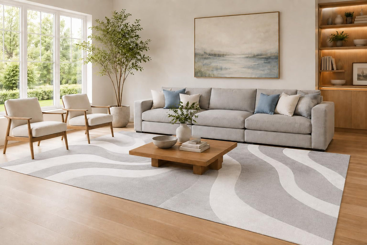 ICE ARMOR Large 6'7" x 9'10" Gray and White Modern Abstract Stripes Area Rug for Living Room, Soft Low Pile Carpet with Non-Slip Silicone Backing, Decor for Bedroom and Home Office