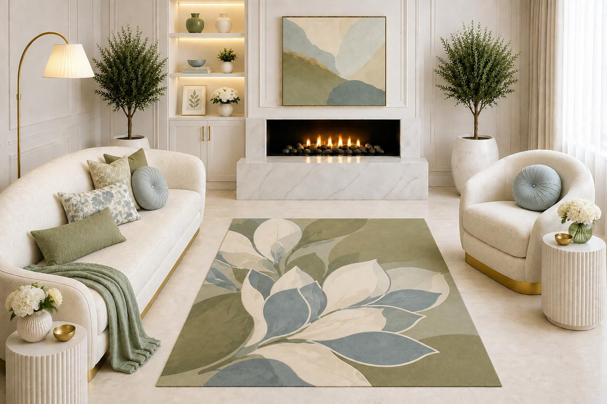 ICE ARMOR "Ultra Light Weight 5' x 7' Sage Green Botanical Area Rug, Modern Magnolia Flower and Leaf Design for Living Room Bedroom Dining Room, Non-Slip Silicone Backing Low Pile
