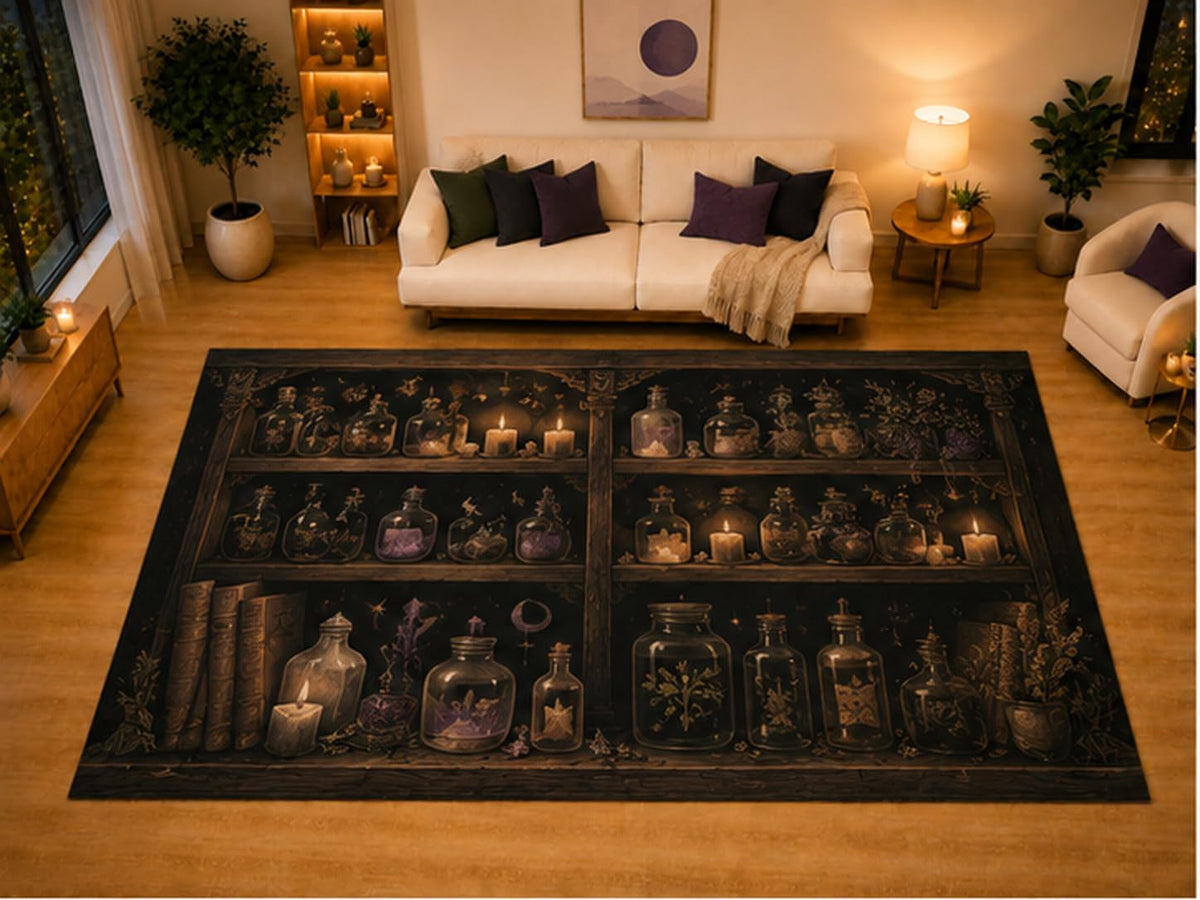 ICE ARMOR "Ultra Light Weight Large 6'7" x 9'10" Witch Apothecary Potion Bottles Area Rug for Living Room Bedroom, Soft Low Pile Non-Slip Backing, Black Brown Gothic Halloween Decor