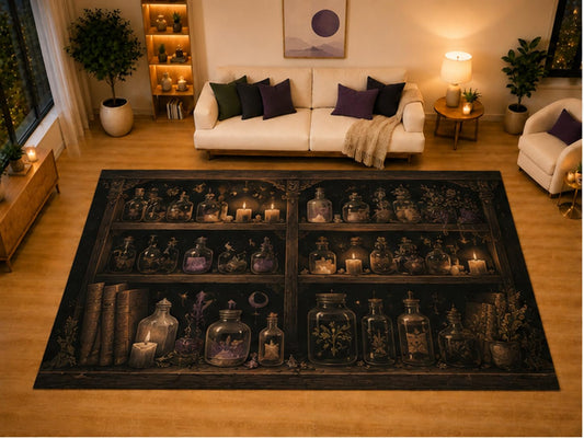 ICE ARMOR "Ultra Light Weight Large 6'7" x 9'10" Witch Apothecary Potion Bottles Area Rug for Living Room Bedroom, Soft Low Pile Non-Slip Backing, Black Brown Gothic Halloween Decor