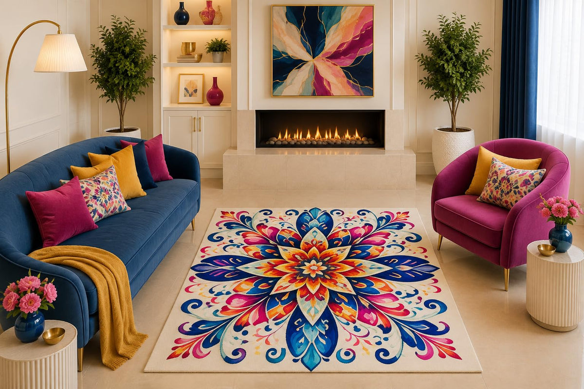 ICE ARMOR "Ultra Light Weight 5' x 7' Blue Pink Boho Floral Mandala Area Rug Colorful Ornamental Medallion Living Room Bedroom Dining Room Non-Slip Silicone Backing Low Pile