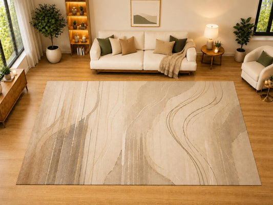 ICE ARMOR "Ultra Light Weight Large 6'7" x 9'10" Linear Mineral Flow Area Rug for Living Room, Bedroom, Dining Room, Soft Low Pile Non-Slip Backing, Greige Cream