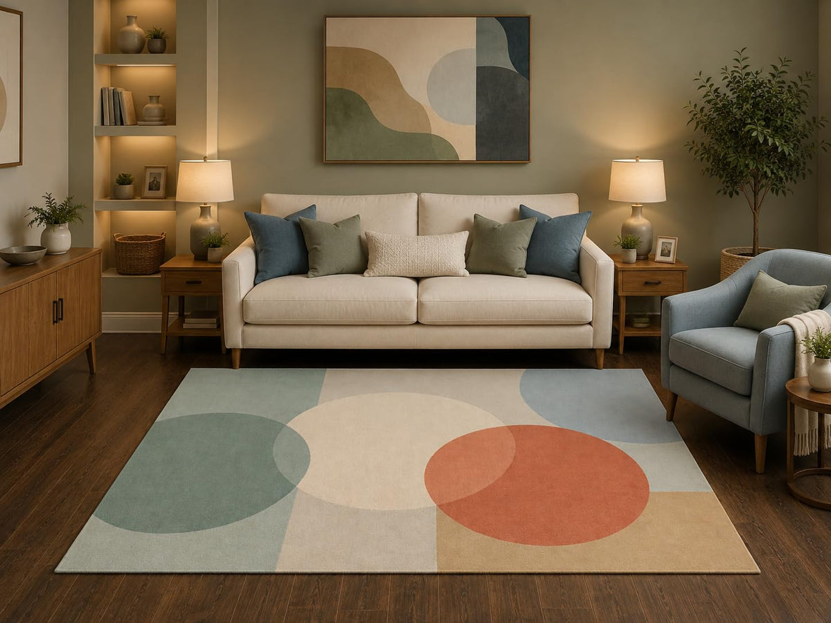 ICE ARMOR 5' x 7' Mid Century Modern Area Rug Abstract Circle Geometric Design for Living Room Bedroom Office Contemporary Home Decor Non-Slip Silicone Backing Low Pile