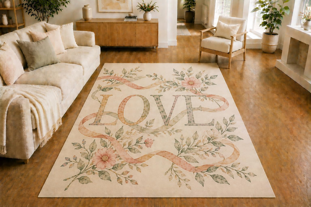 ICE ARMOR 5' x 7' Botanical Ribbon Love Area Rug, Soft Low Pile Indoor Rug with Non-Slip Silicone Backing for Living Room, Bedroom, Office, Family Room, Cream Pink Green