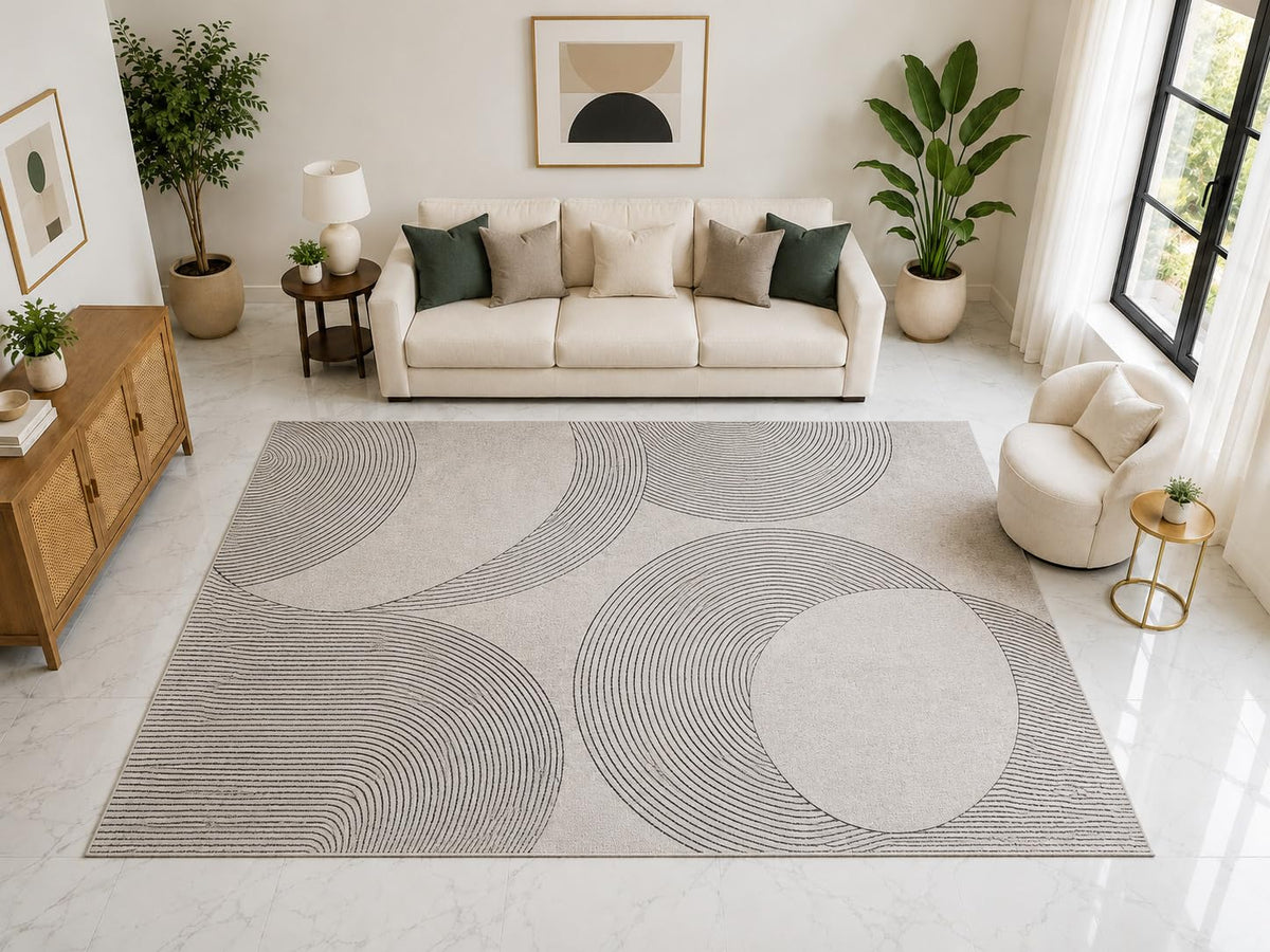ICE ARMOR "Ultra Light Weight Large 6'7" x 9'10" Modern Linear Circle Rug, Soft Low Pile Indoor Rug, Non-Slip Silicone Backing Living Room Ivory