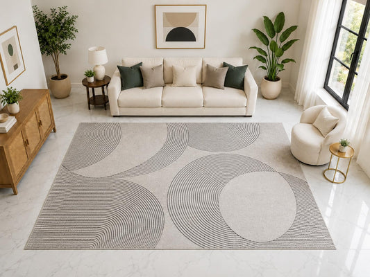 ICE ARMOR "Ultra Light Weight Large 6'7" x 9'10" Modern Linear Circle Rug, Soft Low Pile Indoor Rug, Non-Slip Silicone Backing Living Room Ivory