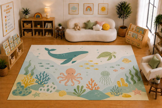 ICE ARMOR Large 6'7" x 9'10" Underwater Ocean Animals Area Rug for for Kids Room, Classroom, Bedroom, Playroom Decor, Soft Low Pile Indoor Rug with Non-Slip Silicone Backing, Aqua Cream Multicolor