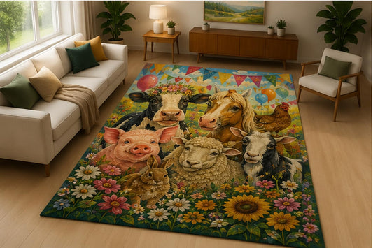 ICE ARMOR 5' x 7' Farm Animal Celebration Area Rug Soft Low Pile Indoor Rug with Non Slip Silicone Backing Cow Horse Sheep Pig Decor Carpet for Living Room Bedroom Playroom Kids and Pets Multicolor