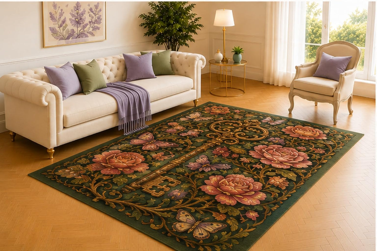 ICE ARMOR 5' x 7' Antique Key Rose Garden Rug, Dark Green Botanical Pattern with Butterflies and Ornate Vines, Romantic Gothic Floor Decor for Bedroom, Study or Lounge