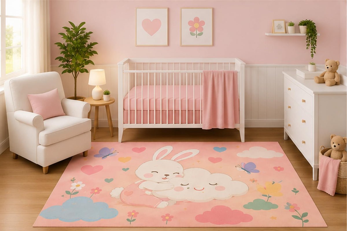 ICE ARMOR 5' x 7' Bunny Hugging Cloud Area Rug for Nursery Room, Cute Pastel Hearts Butterflies and Flowers Design, Baby Girl Bedroom Decor, Non-Slip Silicone Backing Low Pile