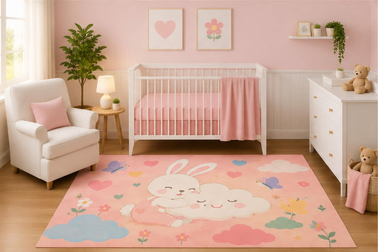 ICE ARMOR 5' x 7' Bunny Hugging Cloud Area Rug for Nursery Room, Cute Pastel Hearts Butterflies and Flowers Design, Baby Girl Bedroom Decor, Non-Slip Silicone Backing Low Pile