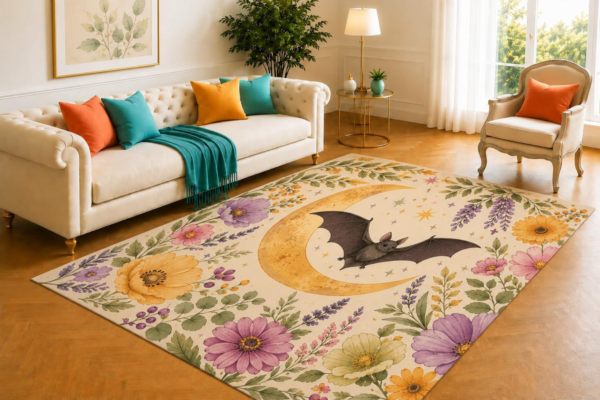 ICE ARMOR 5' x 7' Botanical Moon Bat Rug, Elegant Wildflower Celestial Pattern, Soft Flat-Weave Floor Cover with Secure Backing for Bedroom, Office and Reading Corner