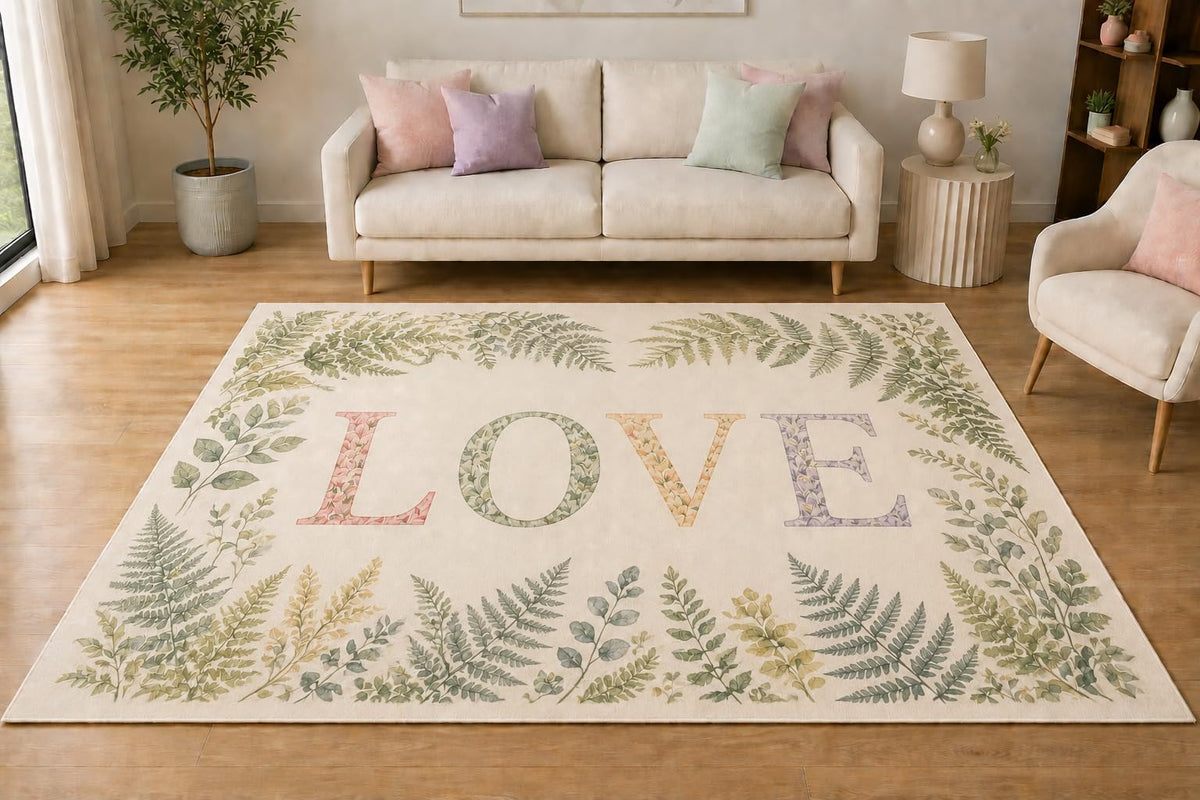 ICE ARMOR 5' x 7' Botanical Fern Love Area Rug, Soft Low Pile Indoor Rug with Non-Slip Silicone Backing for Living Room, Bedroom, Office, Family Room, Cream Green Sage