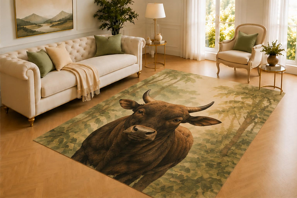 ICE ARMOR 5' x 7' Gaur Rug, Strong Wild Cattle in Green Woodland Art, Smooth Printed Floor Cover for Living Room, Bedroom, Study, Cabin and Rustic Decor