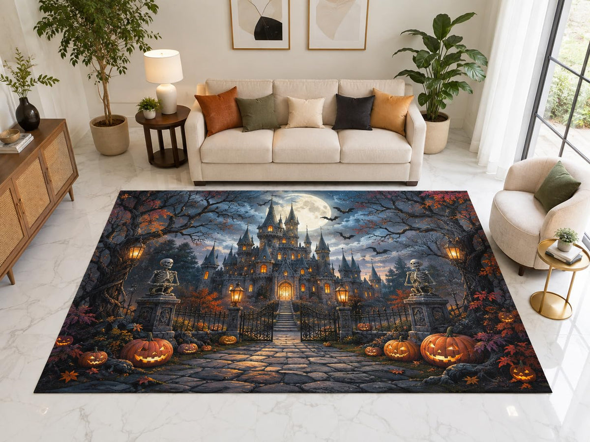 ICE ARMOR "Ultra Light Weight Large 6'7" x 9'10" Haunted Castle Rug, Soft Low Pile Indoor Rug, Non-Slip Silicone Backing for Living Room Black