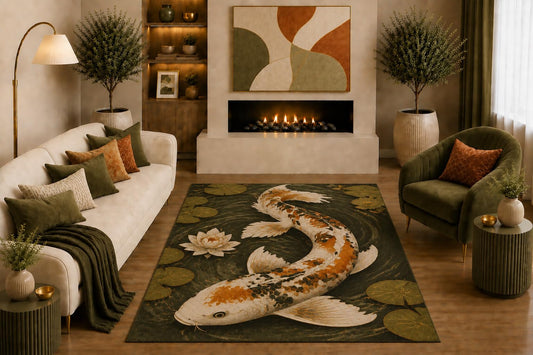 ICE ARMOR "Ultra Light Weight 5' x 7' Koi Fish Area Rug Japanese Pond Lotus Art in Earth Tones for Living Room Bedroom Office Zen Decor Non-Slip Silicone Backing Low Pile