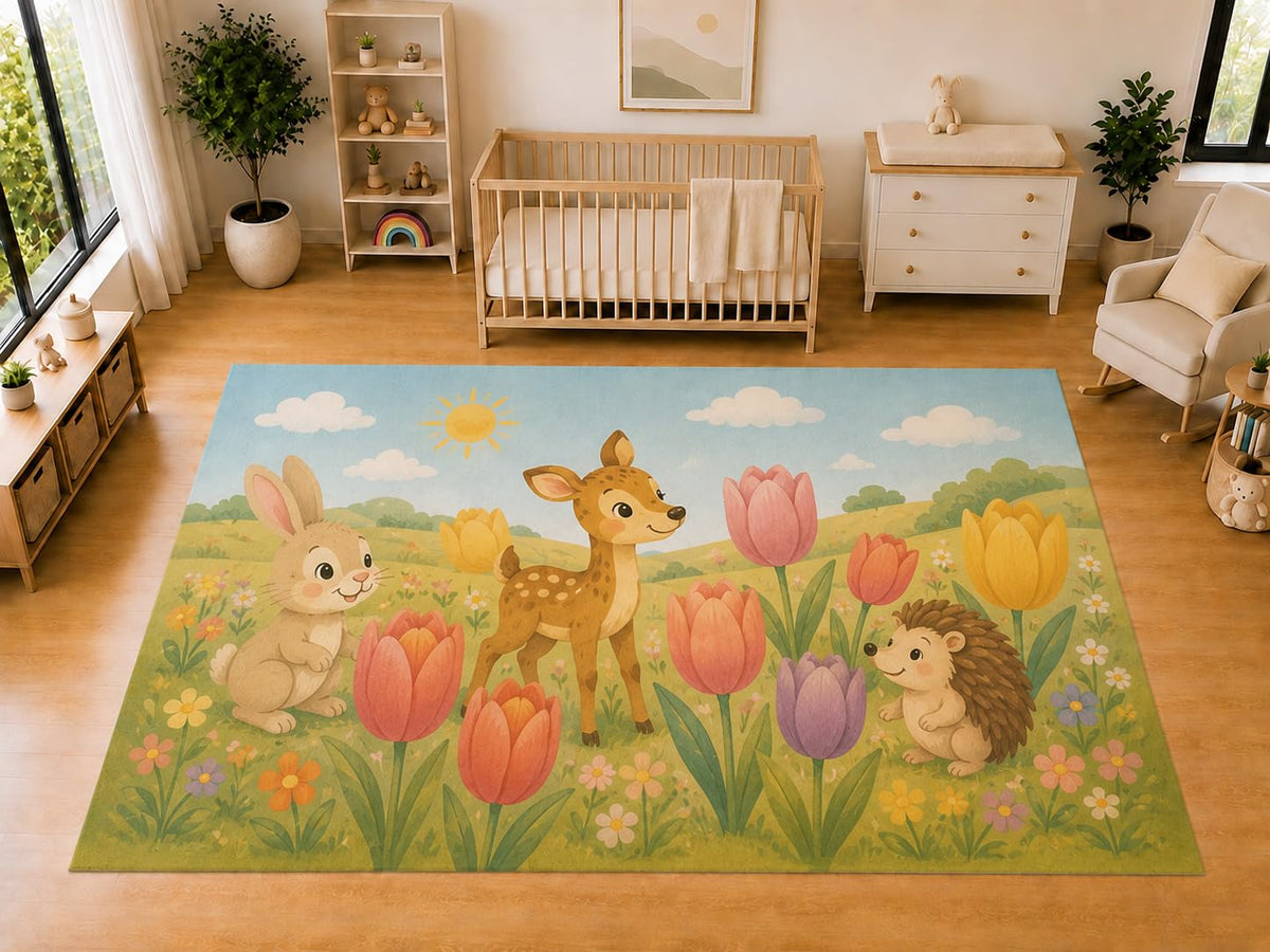ICE ARMOR "Ultra Light Weight Large 6'7 x 9'10 Tulip Meadow Animals Area Rug for Kids Room Nursery Playroom Soft Low Pile Indoor Carpet Spring Garden Floor Decor