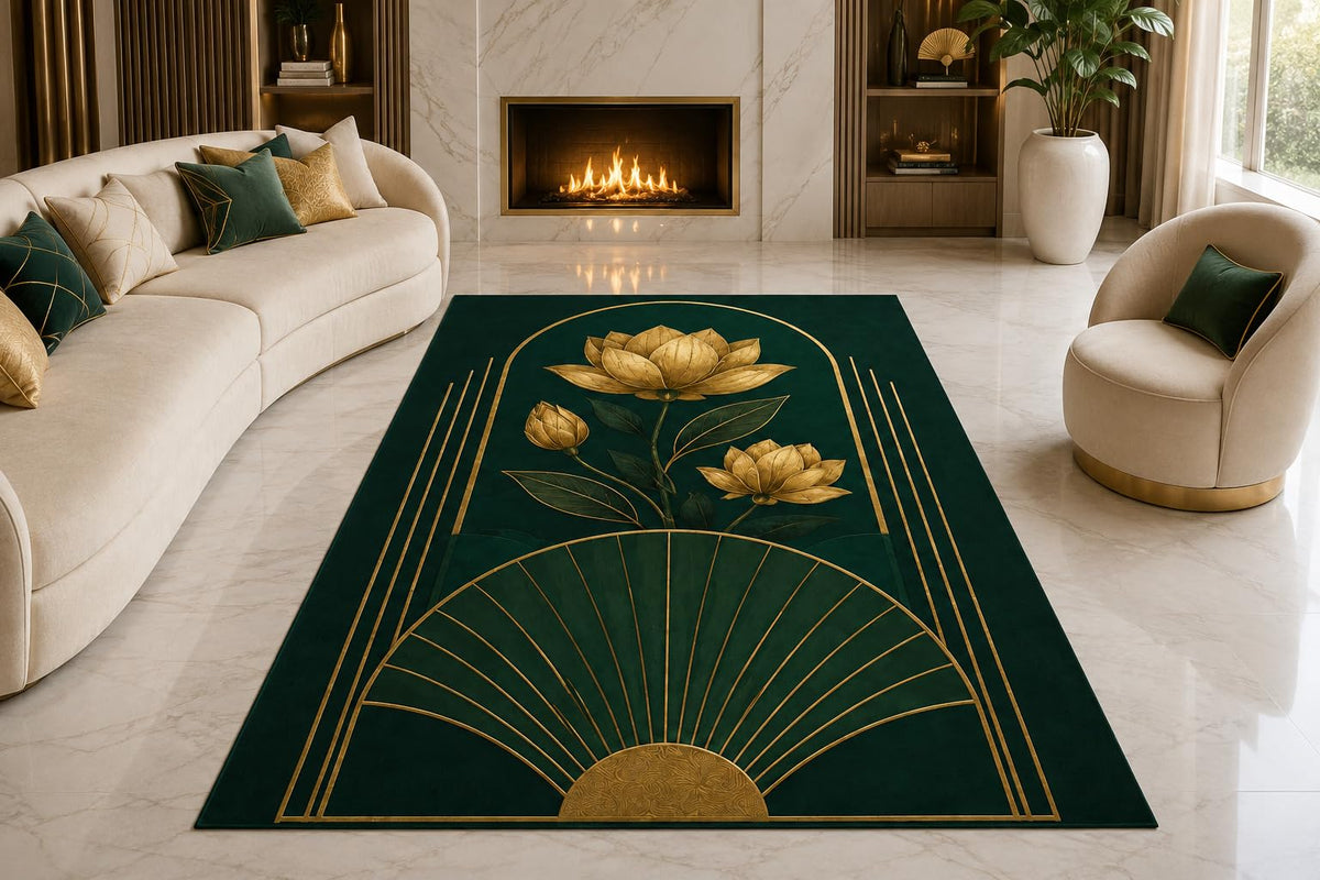 ICE ARMOR "Ultra Lightweight Large 6'7" x 9'10" Deco Lotus Fan Area Rug for Living Room, Bedroom and Home Office, Soft Low Pile Carpet with Non-Slip Silicone Backing, Green and Golden Color