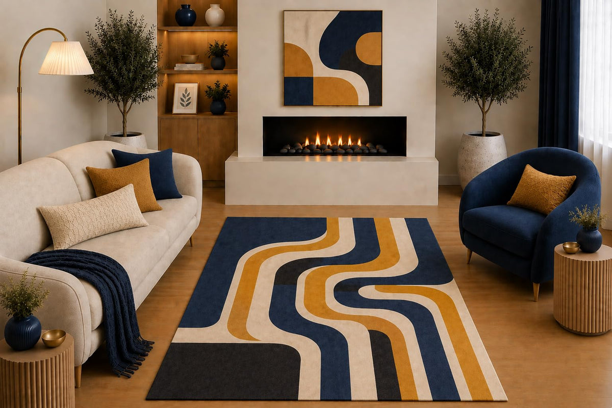 ICE ARMOR "Ultra Light Weight 5' x 7' Mid Century Modern Area Rug Navy Blue Mustard Beige Black Abstract Wavy Line Design for Living Room Bedroom Office Non-Slip Silicone Backing Low Pile