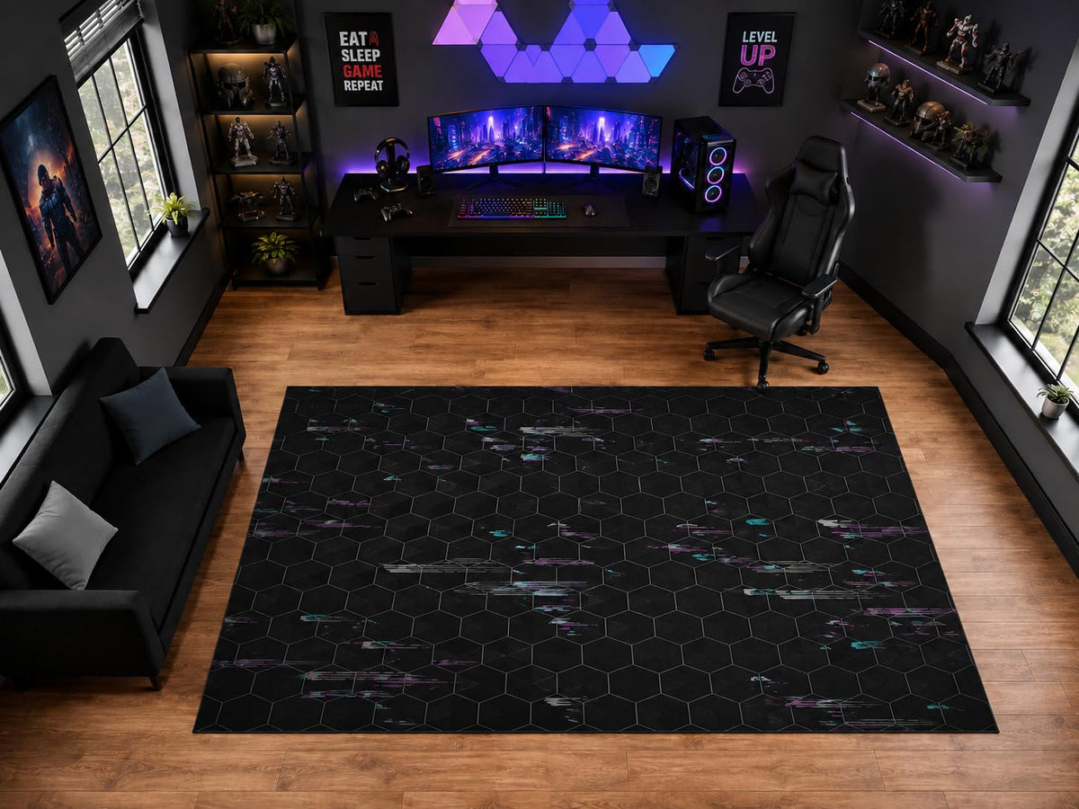 ICE ARMOR "Ultra Light Weight Large 6'7" x 9'10" Hexagon Glitch Grid Pattern Area Rug for Playroom Decor, Soft Low Pile Indoor Rug with Non-Slip Silicone Backing, Black Gray
