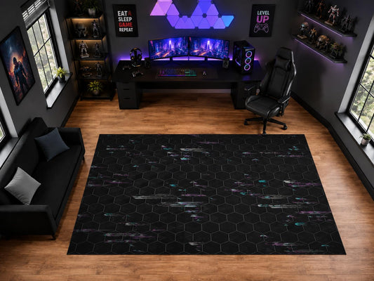 ICE ARMOR "Ultra Light Weight Large 6'7" x 9'10" Hexagon Glitch Grid Pattern Area Rug for Playroom Decor, Soft Low Pile Indoor Rug with Non-Slip Silicone Backing, Black Gray