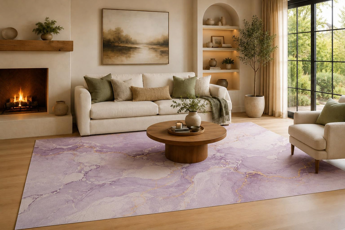 ICE ARMOR Large 6'7" x 9'10" Lavender and Ivory Marble Mist Veins Area Rug for Living Room, Soft Low Pile Carpet with Non-Slip Silicone Backing, Decor for Bedroom and Home Office