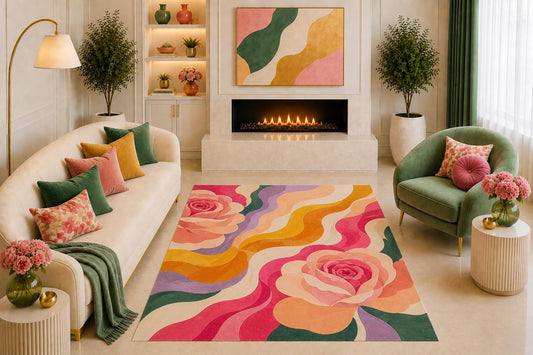 ICE ARMOR "Ultra Light Weight 5' x 7' Retro Rose Area Rug Colorful Wavy Floral Art Pink Orange Green Lavender for Living Room Bedroom Dining Room Non-Slip Silicone Backing Low Pile