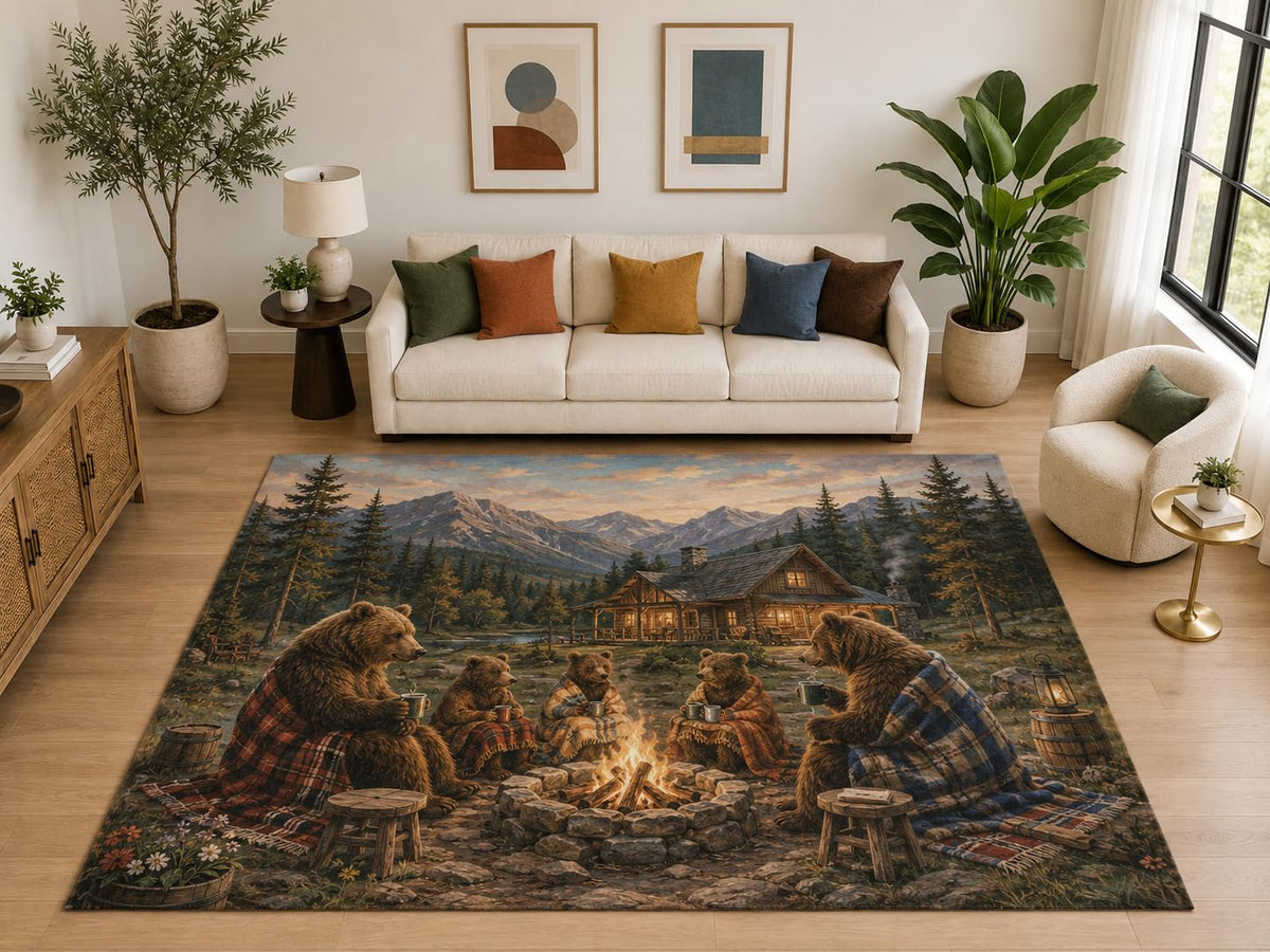 ICE ARMOR "Ultra Light Weight Large 6'7" x 9'10" Bear Campfire Cabin Rug, Soft Low Pile Indoor Rug, Non-Slip Silicone Backing for Family Room Brown